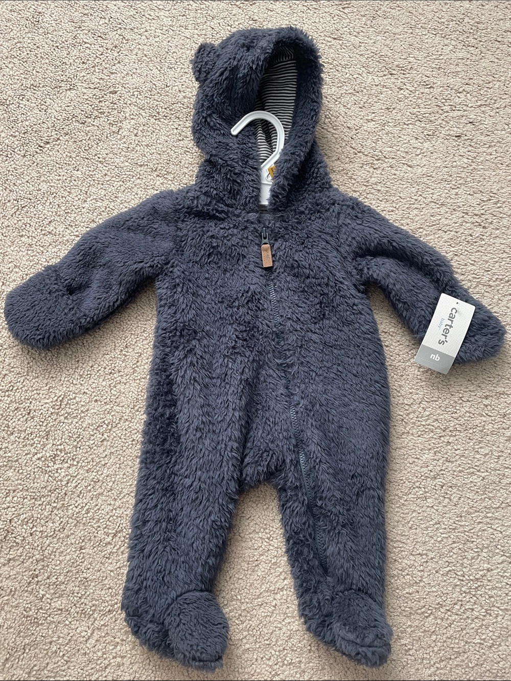 Carter's Dark Gray Plush Hooded Footed One-Piece with Bear Ears